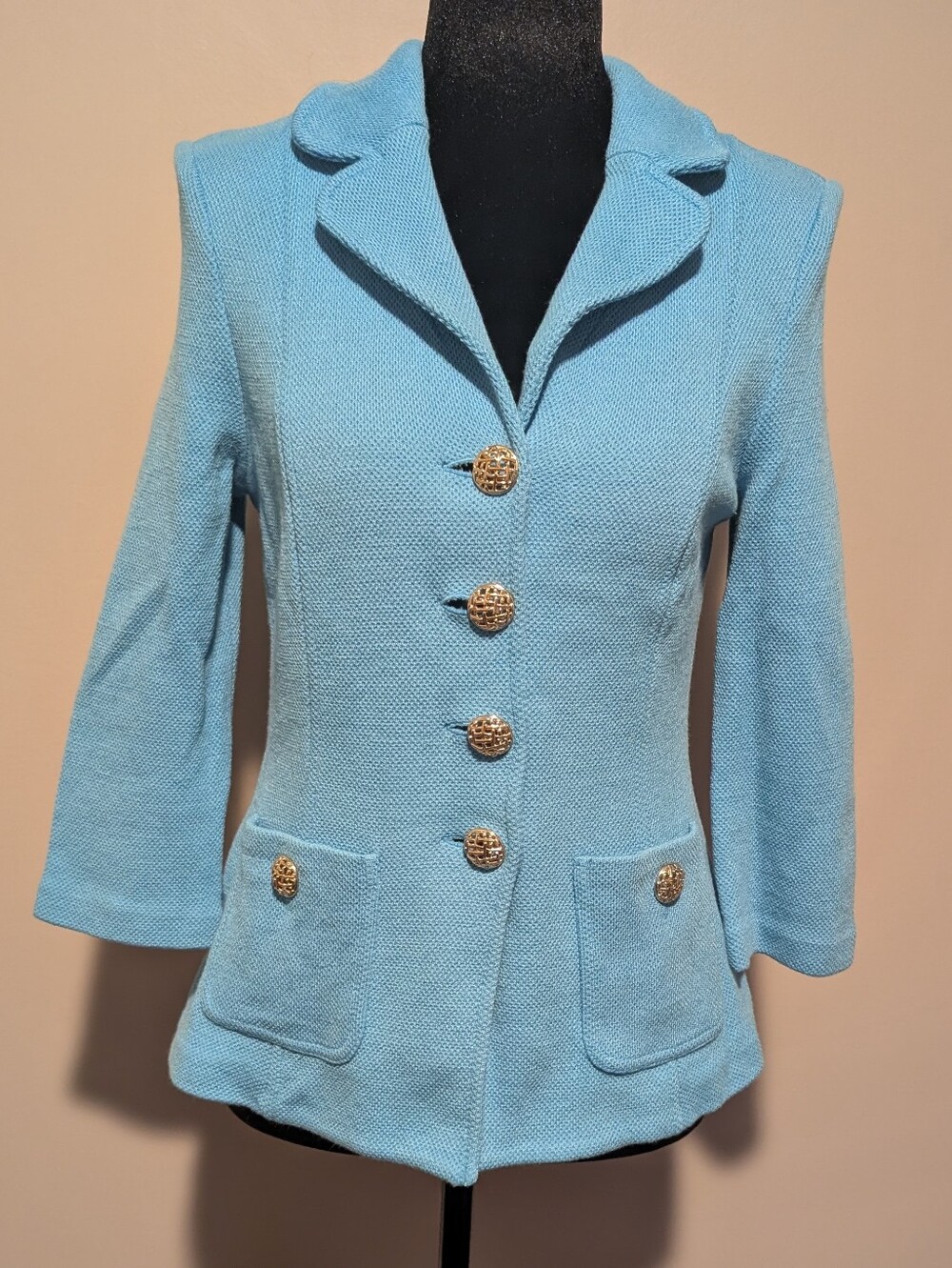 St. John Powder Blue Textured Knit Blazer with Gold Buttons